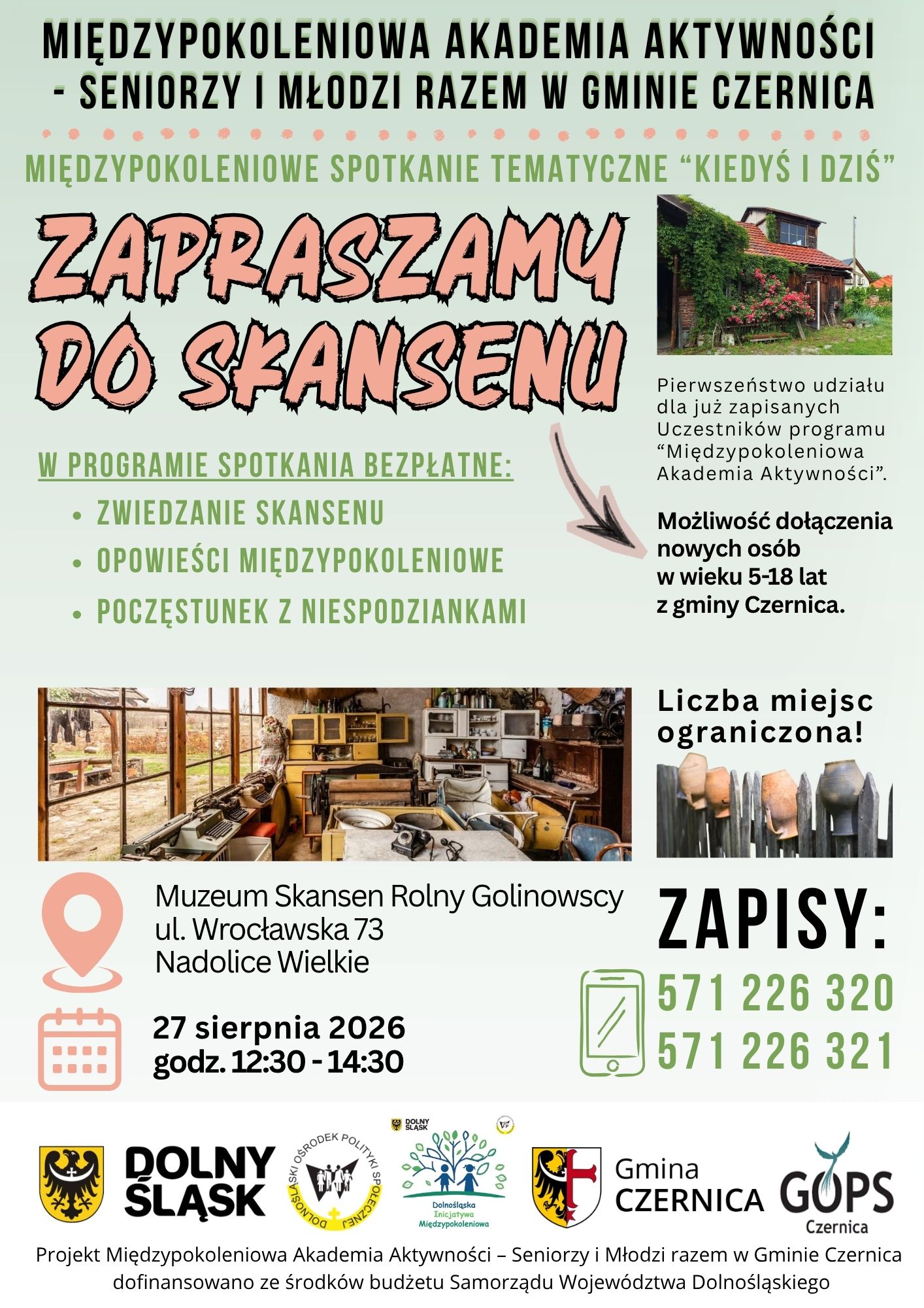 Na grafice plakat zapraszający na spotkanie, logotypy organizatorów i grantodawców, zdjęcia skansenu, drobne elementy dekoracyjne, informacje tekstowe dostępne również w treści posta oraz dodatkowe informacje o treści „W programie spotkania bezpłatne zwiedzanie skansenu, opowieści międzypokoleniowe, poczęstunek z niespodziankami” i „Pierwszeństwo udziału dla już zapisanych Uczestników programu “Międzypokoleniowa Akademia Aktywności”.