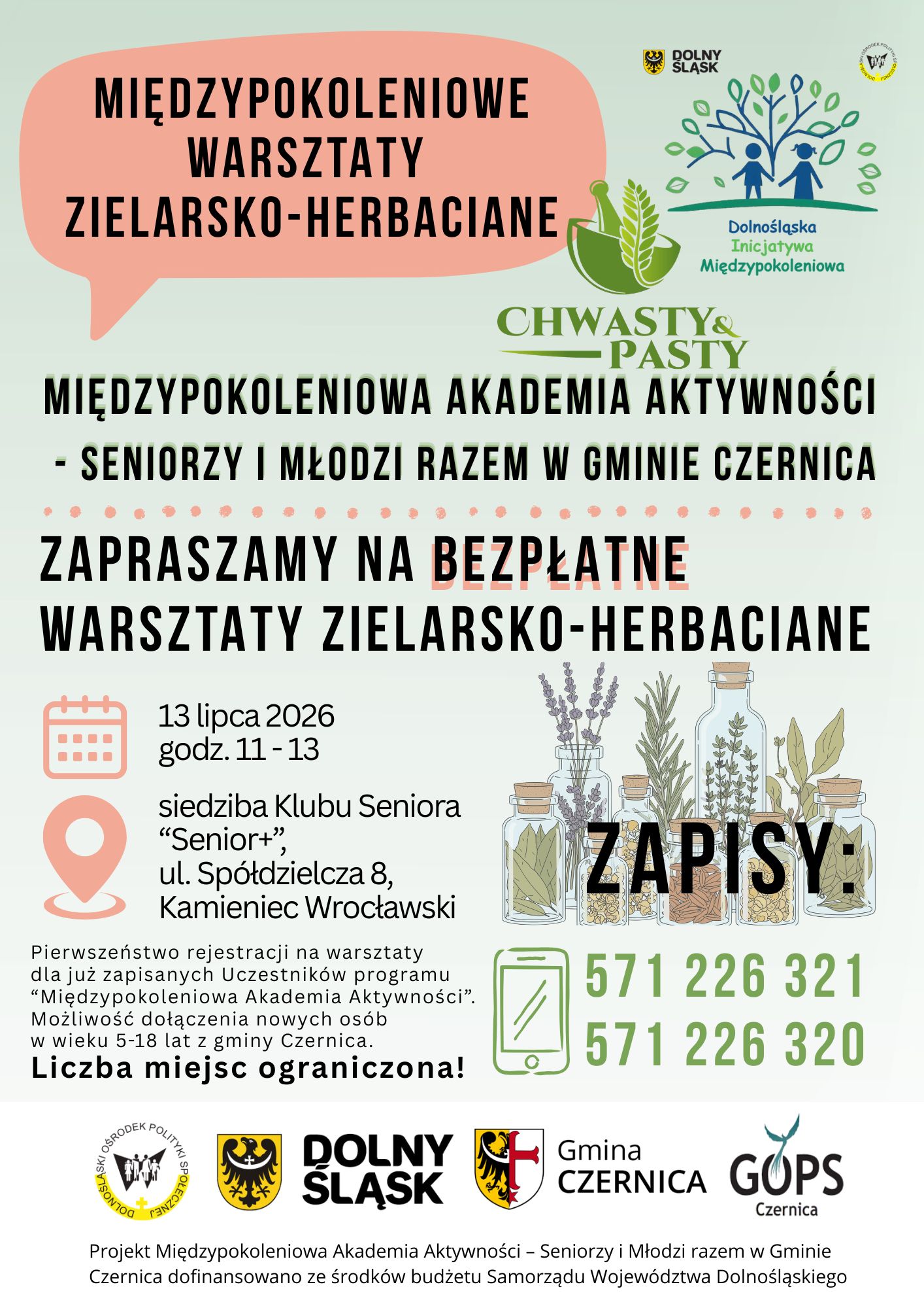 Na grafice plakat zapraszający na warsztaty zielarsko-herbaciane, logotypy organizatorów i grantodawców, drobne graficzne elementy dekoracyjne, informacje tekstowe dostępne również w treści posta.