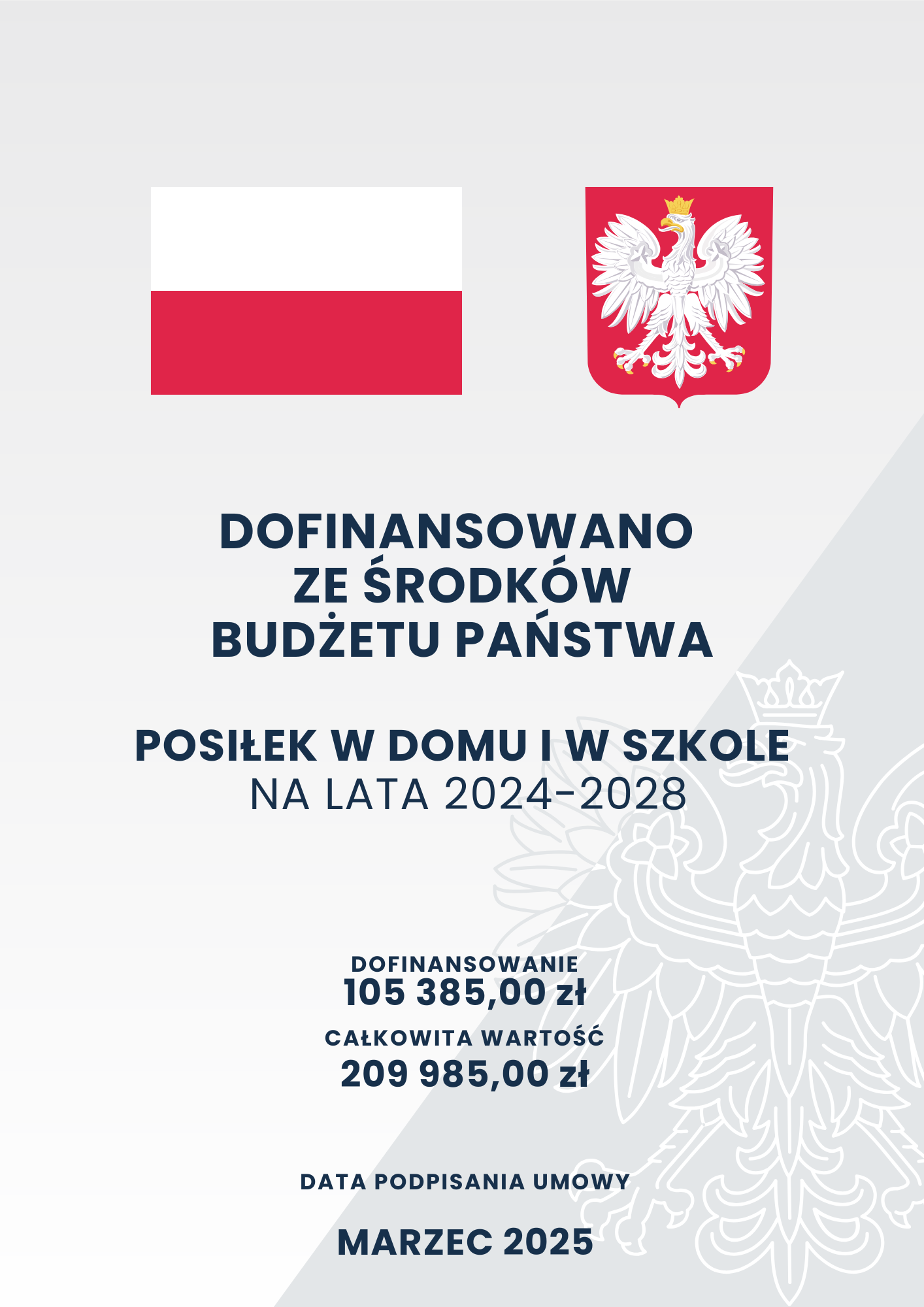 Pionowy plakat z tłem w dwóch odcieniach szarości i białym obrysem orła w koronie; w górnej części biało-czerwona flaga Polski, obok godło Polski z białym orłem w złotej koronie na czerwonym tle; poniżej czarny tekst: „Dofinansowano ze środków budżetu państwa; Posiłek w domu i szkole na lata 2024-2028; dofinansowanie 105 385,00 zł, całkowita wartość 209 985,00 zł; data podpisania umowy marzec 2025”.