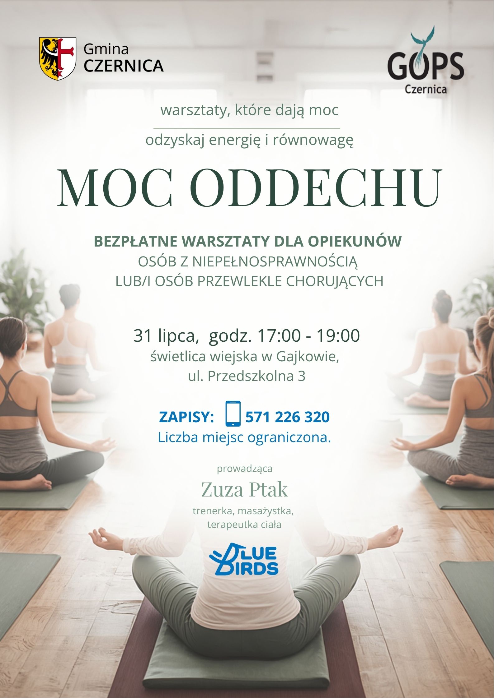 Na grafice plakat zawierający informacje zamieszczone w treści posta, logotypy organizatorów, rozmyte zdjęcie osób ćwiczących na matach oraz hasła "warsztaty, które dają moc" oraz "odzyskaj energię i równowagę".