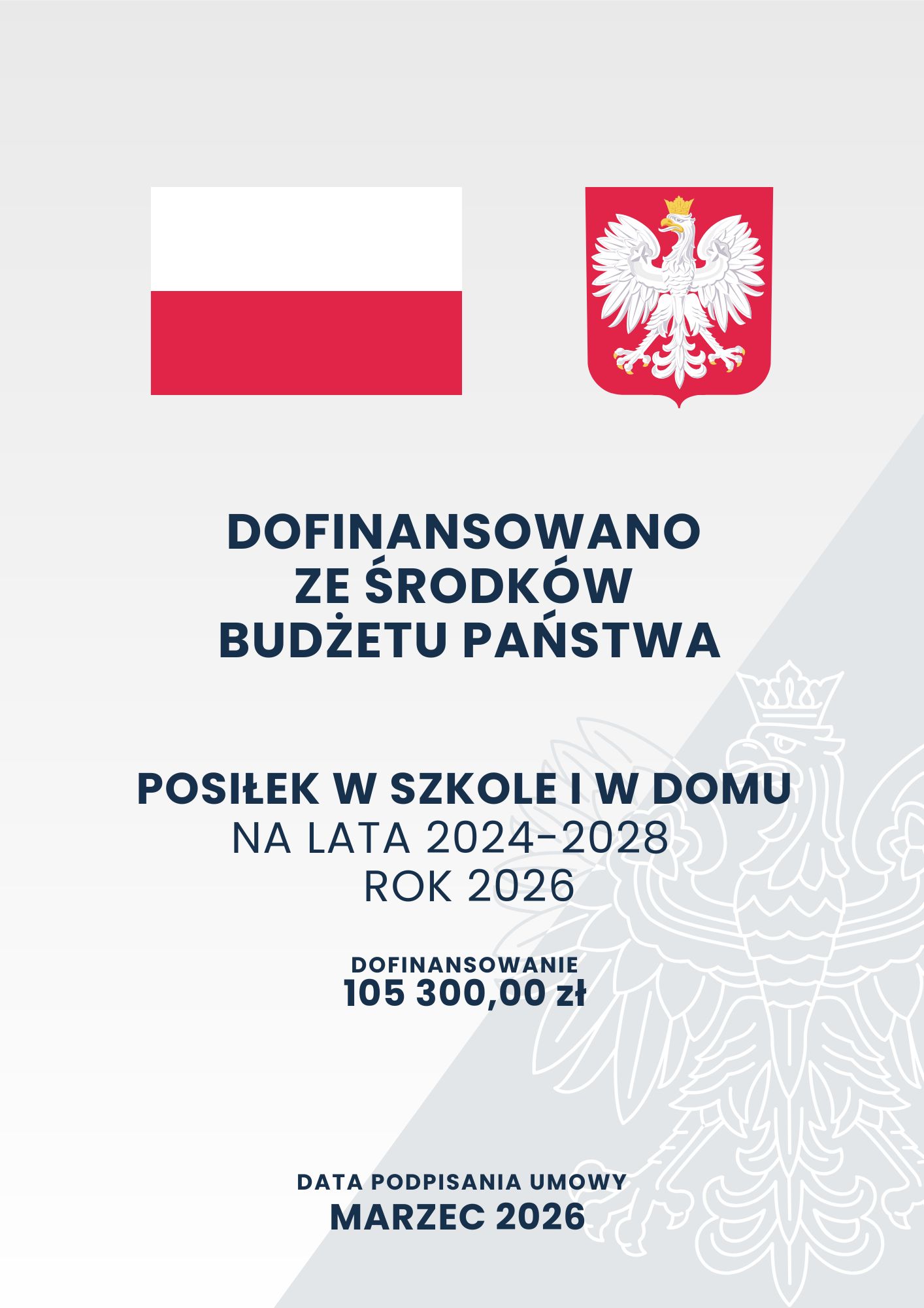 Grafika przedstawia plakat - szare tło o dwóch odcieniach i zarysie orła; w górnej części flaga i godło Polski; napisy o treści: "DOFINANSOWANO ZE ŚRODKÓW BUDŻETU PAŃSTWA; Posiłek w szkole i w domu na lata 2024-2028; rok 2026; DOFINANSOWANIE 105 300,00 zł; DATA PODPISANIA UMOWY marzec 2026"